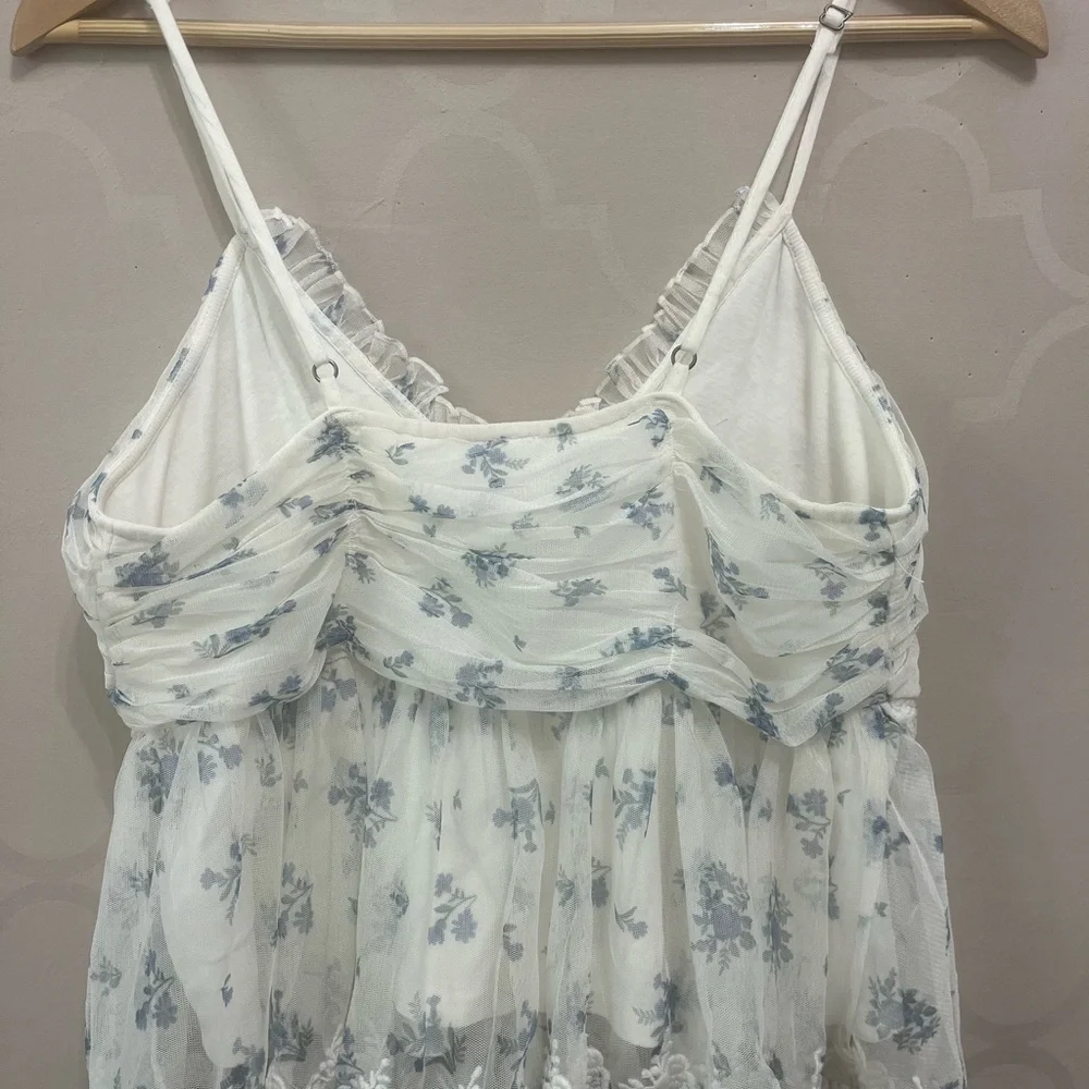 Free People White Sheer Floral Ruffle Button-Front Tank Top